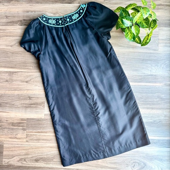 Tory Burch Lottie Turquoise Embroidered Yoke Black Silk Shift Mini Dress Size 12 - Picture 10 of 16